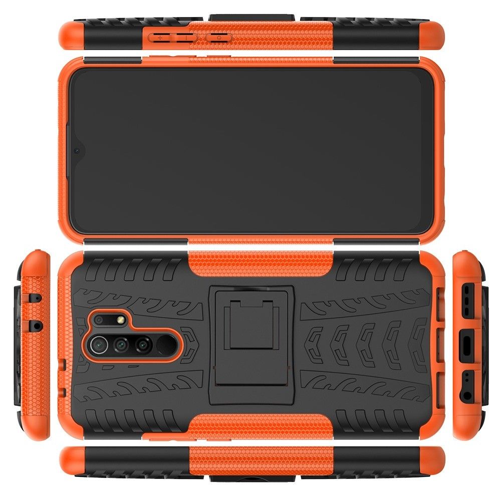 Двухкомпонентный Противоскользящий Гибридный Противоударный Чехол для Xiaomi Redmi 9 с Подставкой Оранжевый