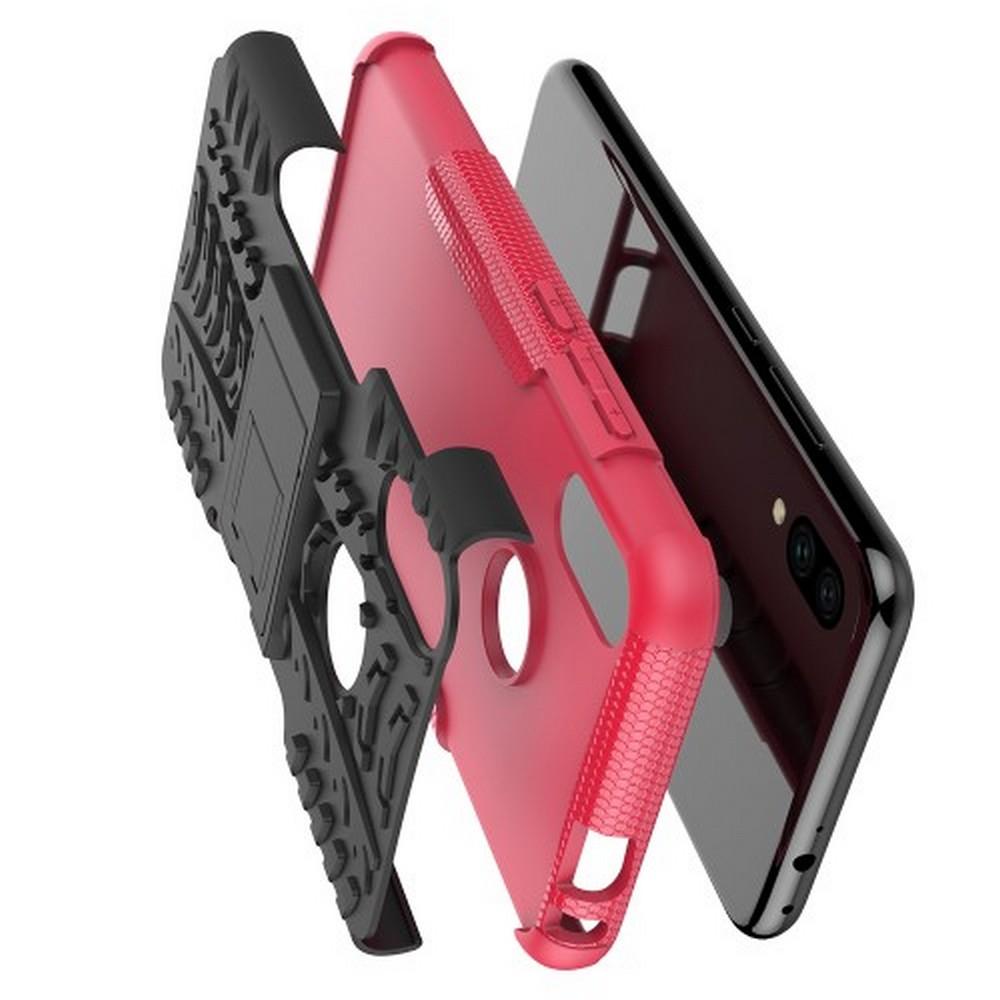 Двухкомпонентный Противоскользящий Гибридный Противоударный Чехол для Xiaomi Redmi Note 7 / Note 7 Pro с Подставкой Розовый