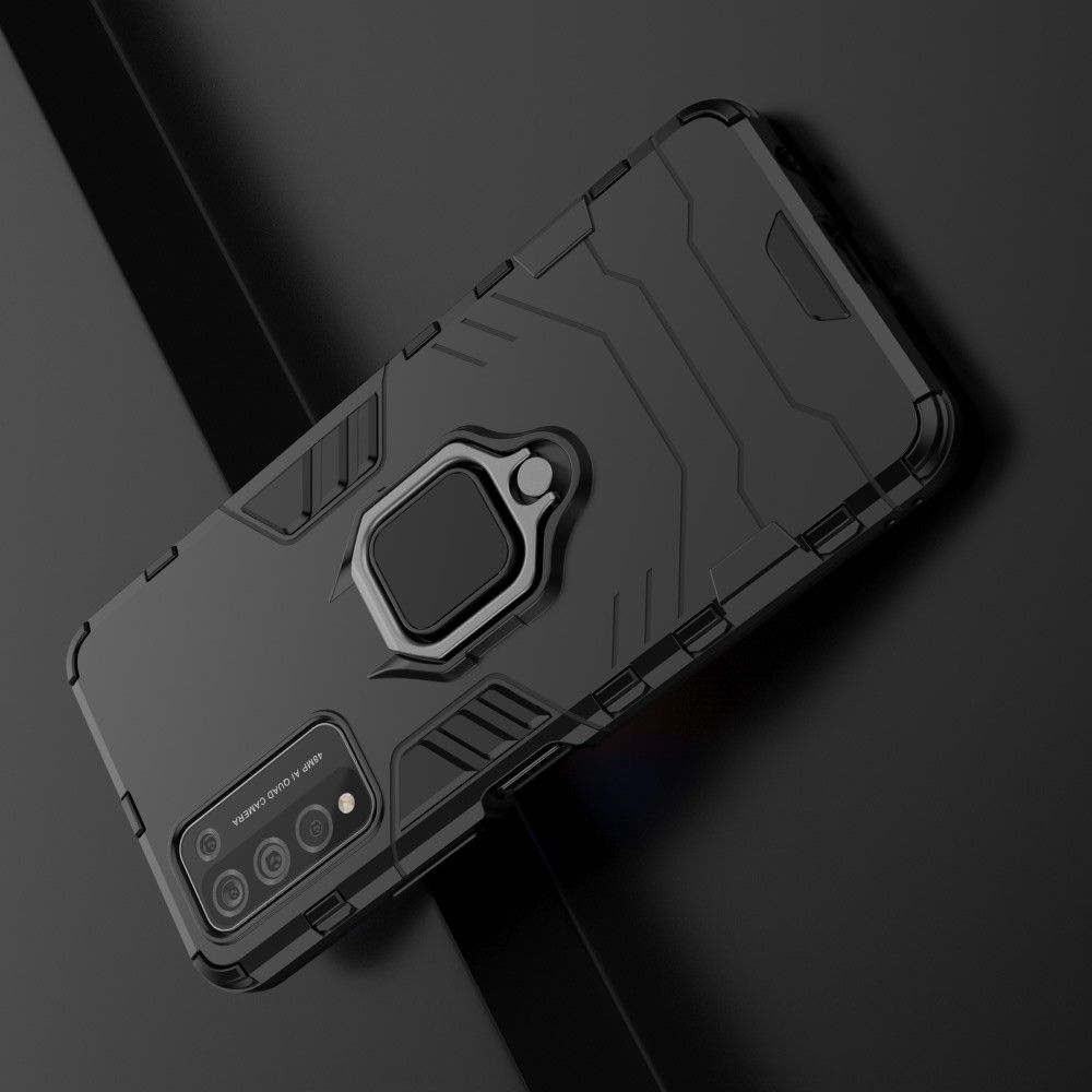 Двухслойный гибридный противоударный чехол с кольцом для пальца подставкой для Huawei Honor 10X Lite Черный