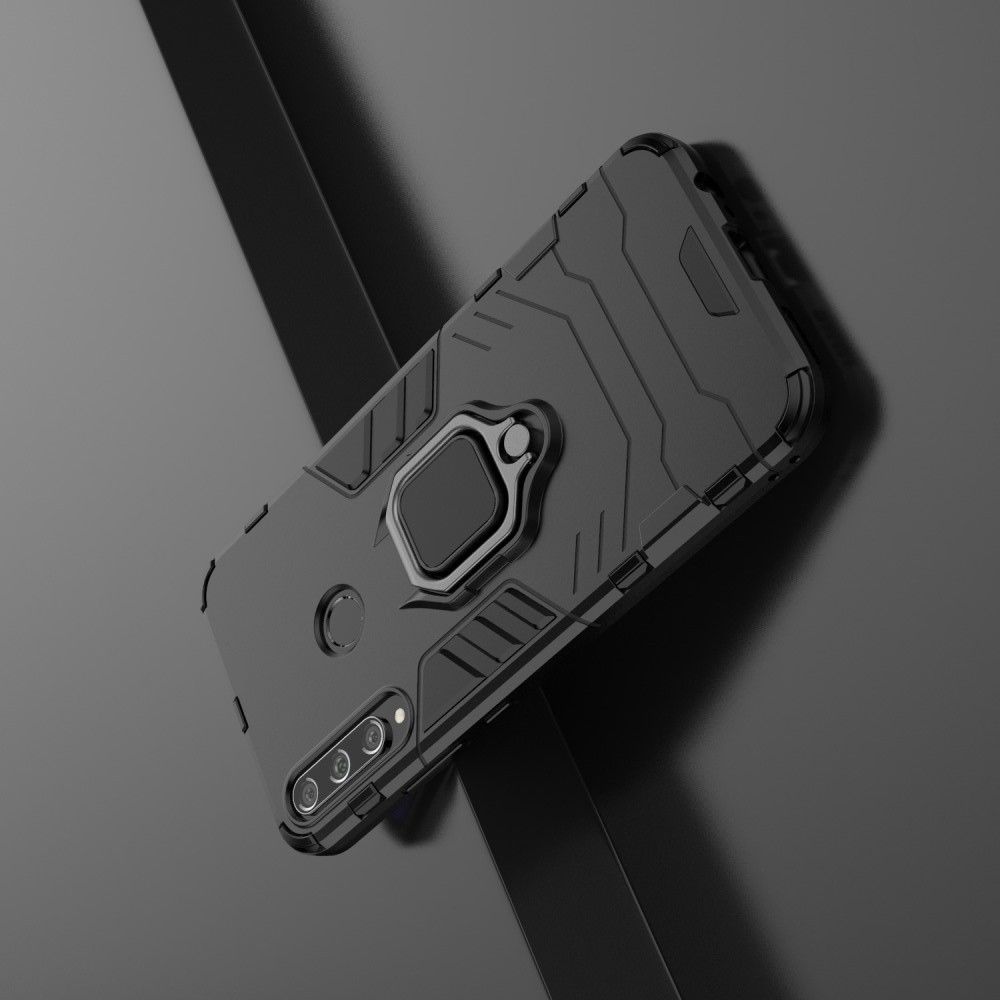 Двухслойный гибридный противоударный чехол с кольцом для пальца подставкой для Huawei P40 lite E Черный