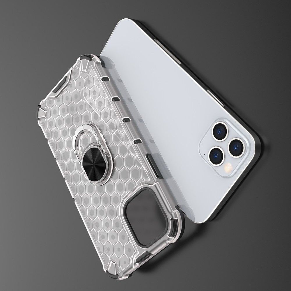 Двухслойный гибридный противоударный чехол с кольцом для пальца подставкой для iPhone 12 / 12 Pro Белый