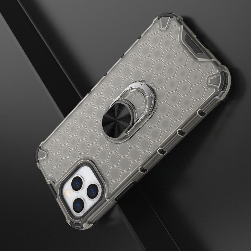 Двухслойный гибридный противоударный чехол с кольцом для пальца подставкой для iPhone 12 / 12 Pro Черный