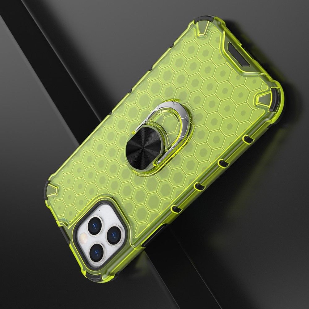 Двухслойный гибридный противоударный чехол с кольцом для пальца подставкой для iPhone 12 / 12 Pro Зеленый