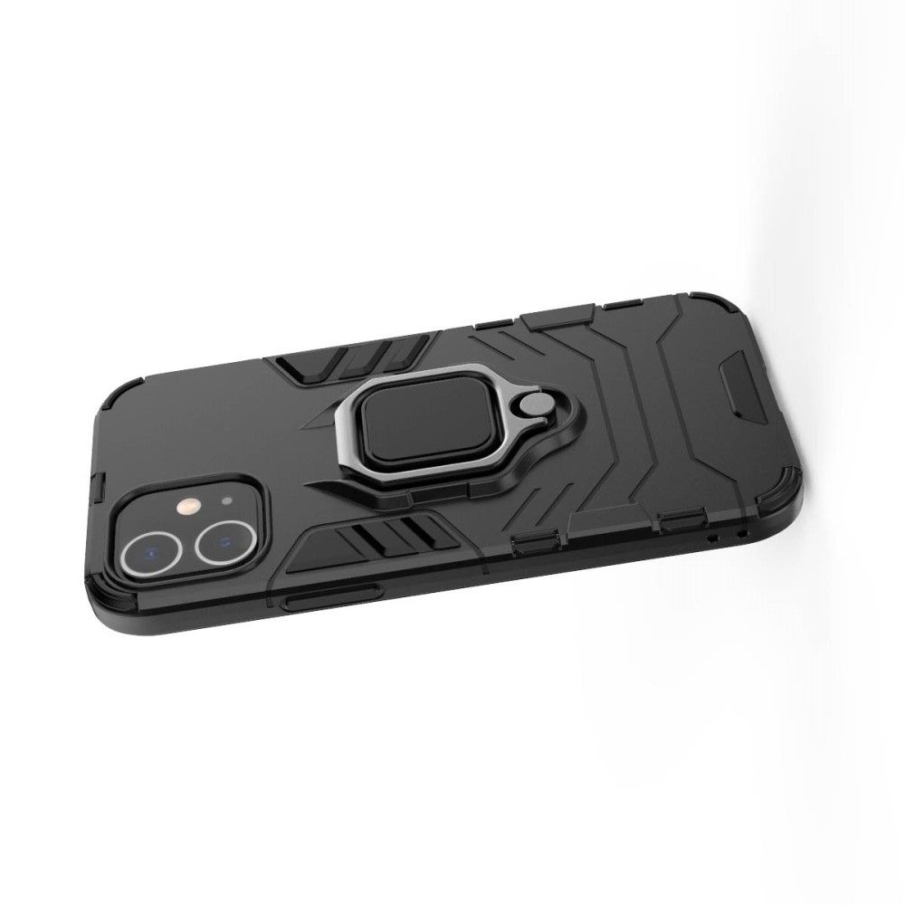 Двухслойный гибридный противоударный чехол с кольцом для пальца подставкой для iPhone 12 / 12 Pro Черный
