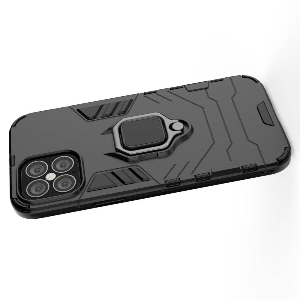 Двухслойный гибридный противоударный чехол с кольцом для пальца подставкой для iPhone 12 Pro Max 6.7 Черный