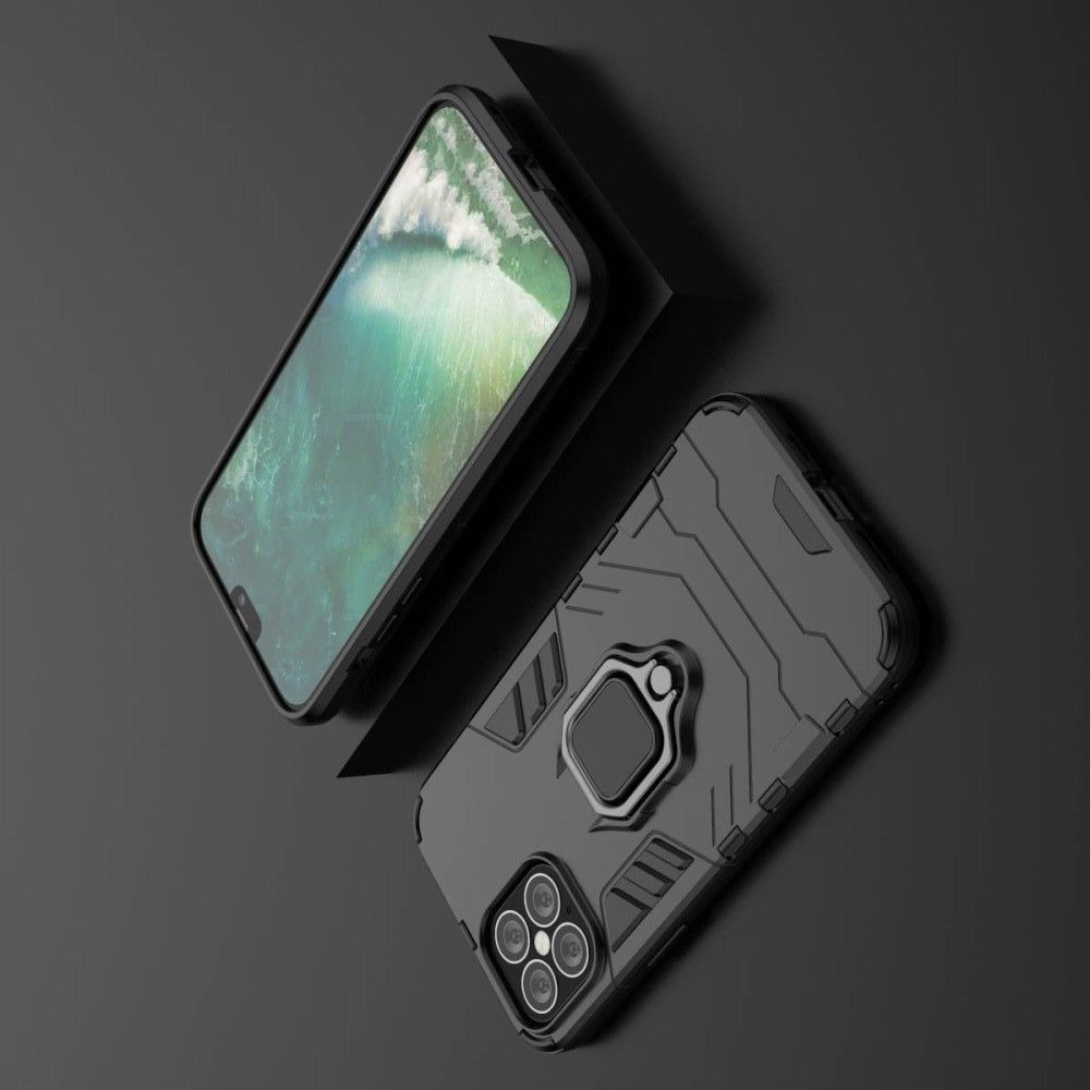 Двухслойный гибридный противоударный чехол с кольцом для пальца подставкой для iPhone 12 Pro Max 6.7 Черный