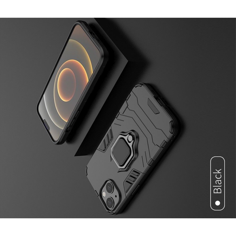 Двухслойный гибридный противоударный чехол с кольцом для пальца подставкой для iPhone 13 Черный