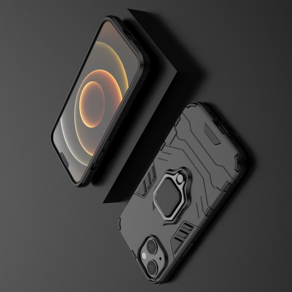 Двухслойный гибридный противоударный чехол с кольцом для пальца подставкой для iPhone 13 Черный