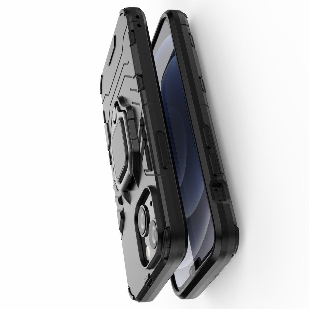 Двухслойный гибридный противоударный чехол с кольцом для пальца подставкой для iPhone 13 mini Черный