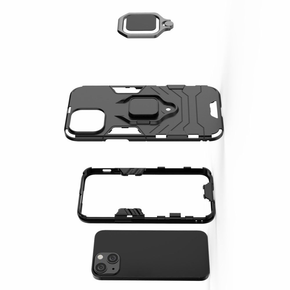Двухслойный гибридный противоударный чехол с кольцом для пальца подставкой для iPhone 13 mini Черный