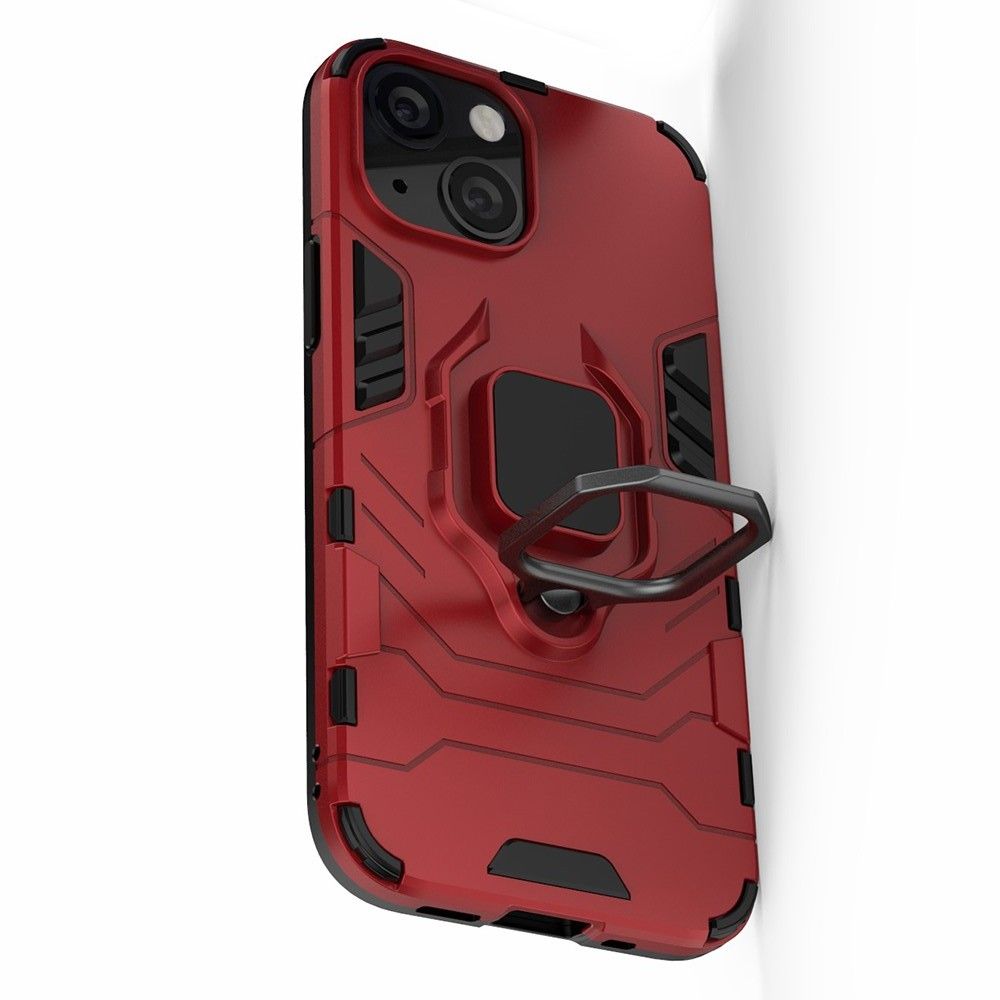 Двухслойный гибридный противоударный чехол с кольцом для пальца подставкой для iPhone 13 mini Красный