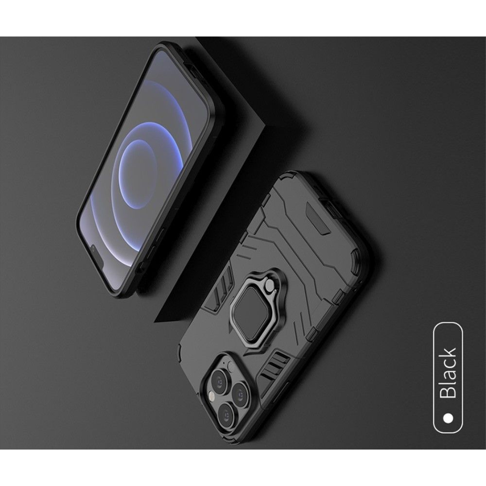 Двухслойный гибридный противоударный чехол с кольцом для пальца подставкой для iPhone 13 Pro Черный