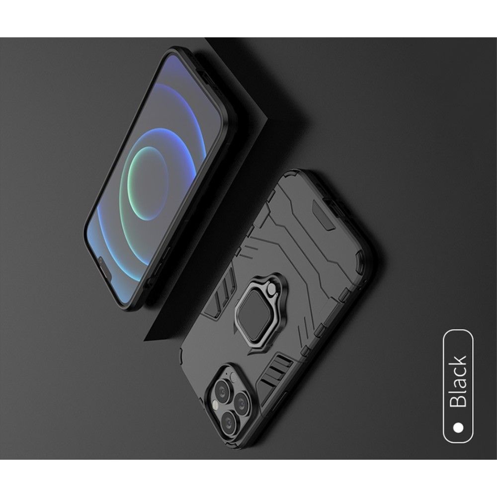 Двухслойный гибридный противоударный чехол с кольцом для пальца подставкой для iPhone 13 Pro Max Синий