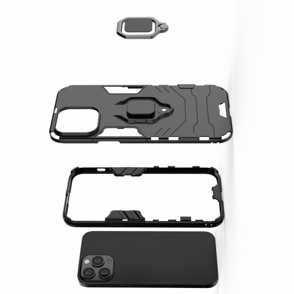 Двухслойный гибридный противоударный чехол с кольцом для пальца подставкой для iPhone 13 Pro Max Черный