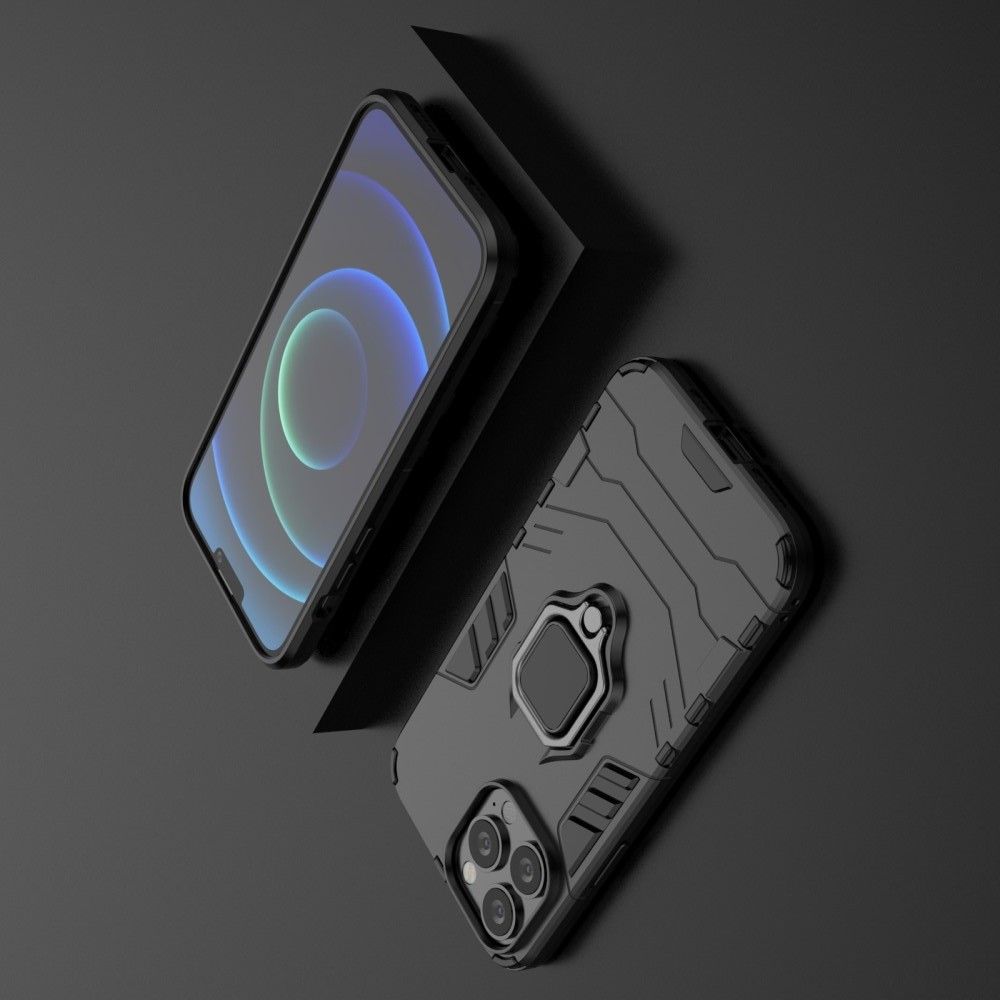 Двухслойный гибридный противоударный чехол с кольцом для пальца подставкой для iPhone 13 Pro Max Черный