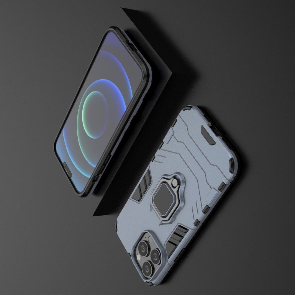 Двухслойный гибридный противоударный чехол с кольцом для пальца подставкой для iPhone 13 Pro Max Синий