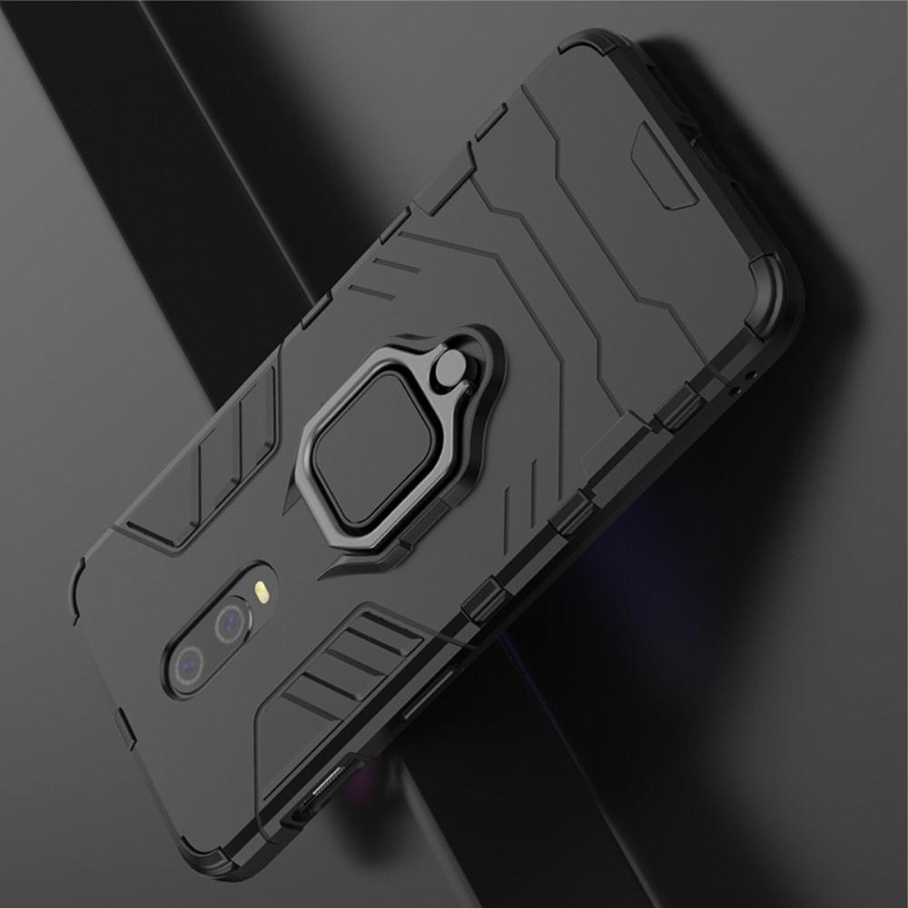 Двухслойный гибридный противоударный чехол с кольцом для пальца подставкой для OnePlus 7 Черный