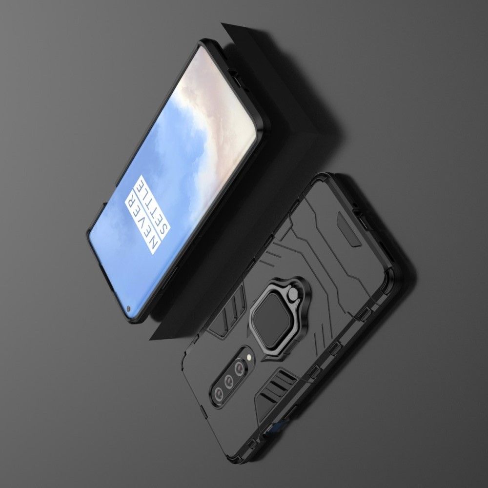 Двухслойный гибридный противоударный чехол с кольцом для пальца подставкой для OnePlus 8 Черный