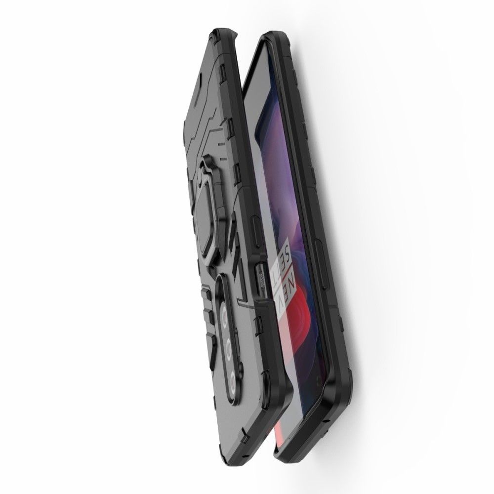 Двухслойный гибридный противоударный чехол с кольцом для пальца подставкой для OnePlus 8 Pro Черный