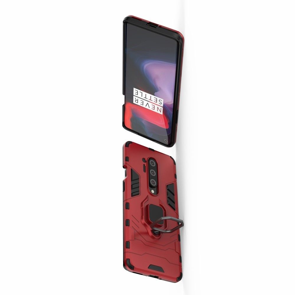 Двухслойный гибридный противоударный чехол с кольцом для пальца подставкой для OnePlus 8 Pro Красный