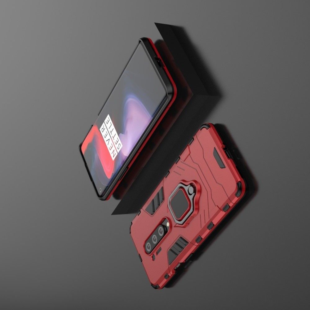 Двухслойный гибридный противоударный чехол с кольцом для пальца подставкой для OnePlus 8 Pro Красный