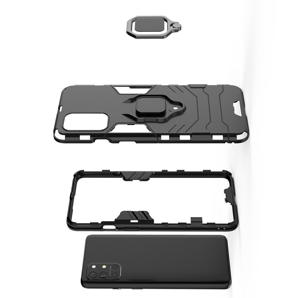 Двухслойный гибридный противоударный чехол с кольцом для пальца подставкой для OnePlus 9R Черный