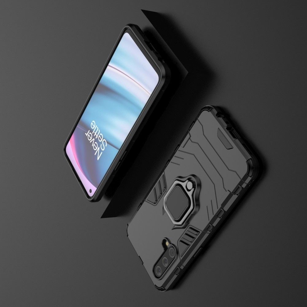 Двухслойный гибридный противоударный чехол с кольцом для пальца подставкой для OnePlus Nord CE 5G Черный