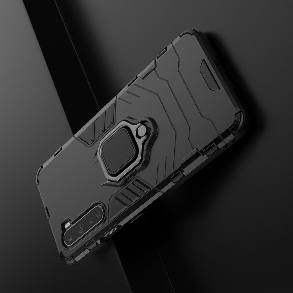 Двухслойный гибридный противоударный чехол с кольцом для пальца подставкой для OnePlus NORD Черный