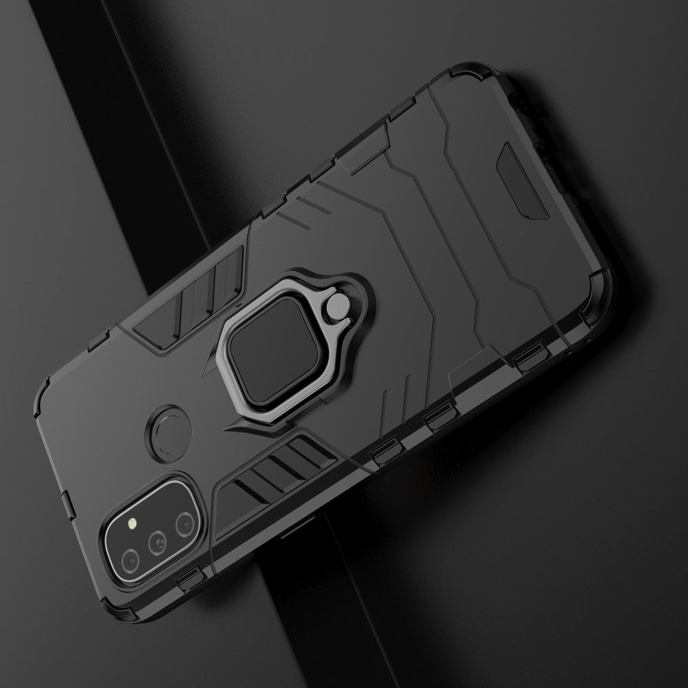 Двухслойный гибридный противоударный чехол с кольцом для пальца подставкой для OnePlus NORD N100 Черный