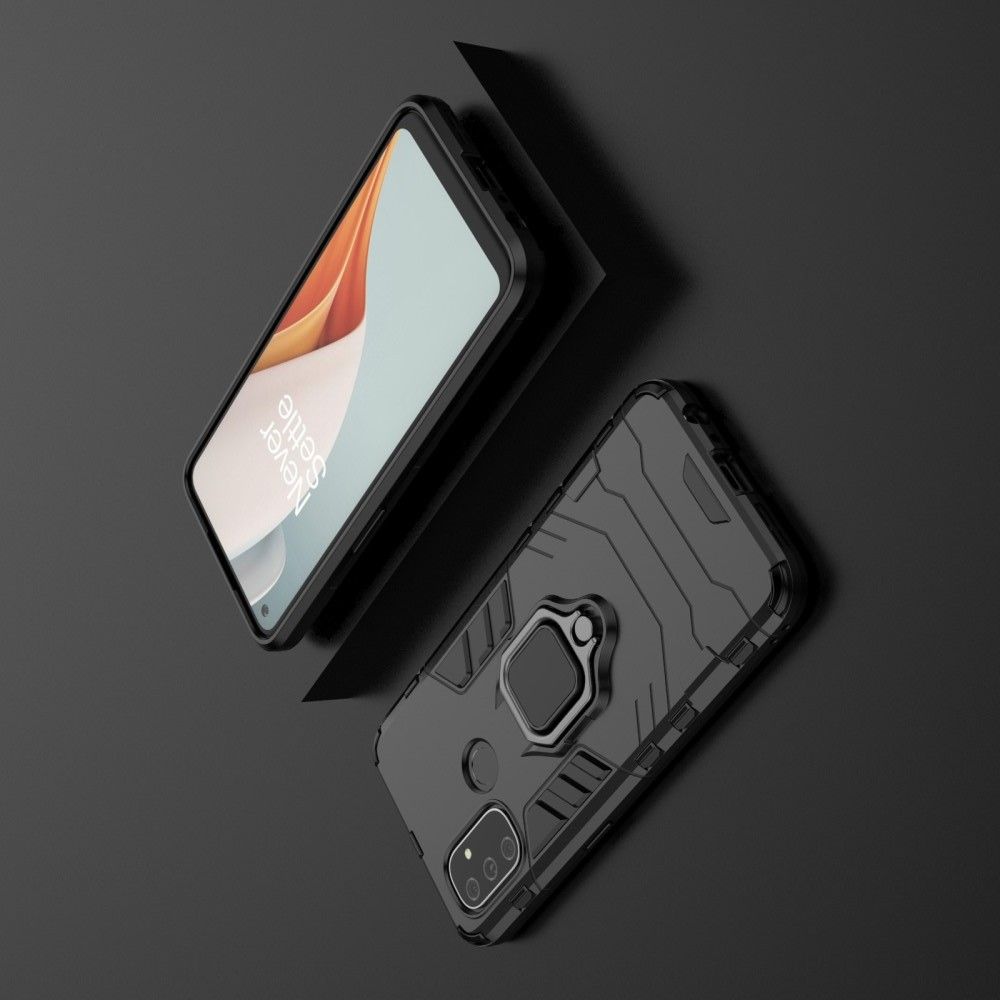 Двухслойный гибридный противоударный чехол с кольцом для пальца подставкой для OnePlus NORD N100 Черный