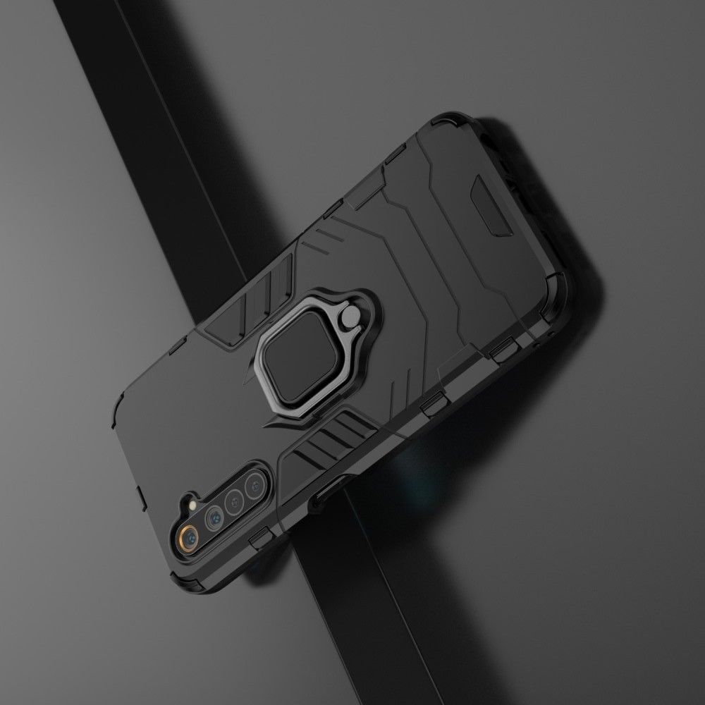 Двухслойный гибридный противоударный чехол с кольцом для пальца подставкой для Realme 6 Черный