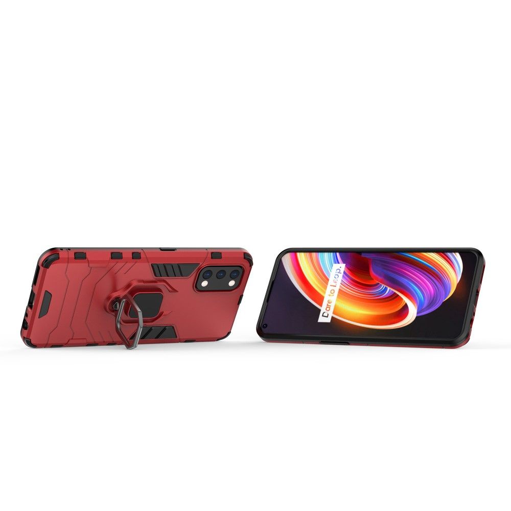 Двухслойный гибридный противоударный чехол с кольцом для пальца подставкой для Realme 7 Pro Красный