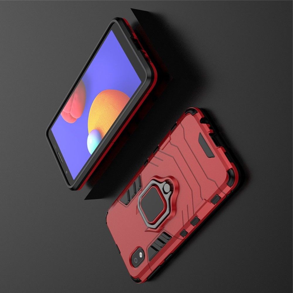 Двухслойный гибридный противоударный чехол с кольцом для пальца подставкой для Samsung Galaxy A01 Core Красный