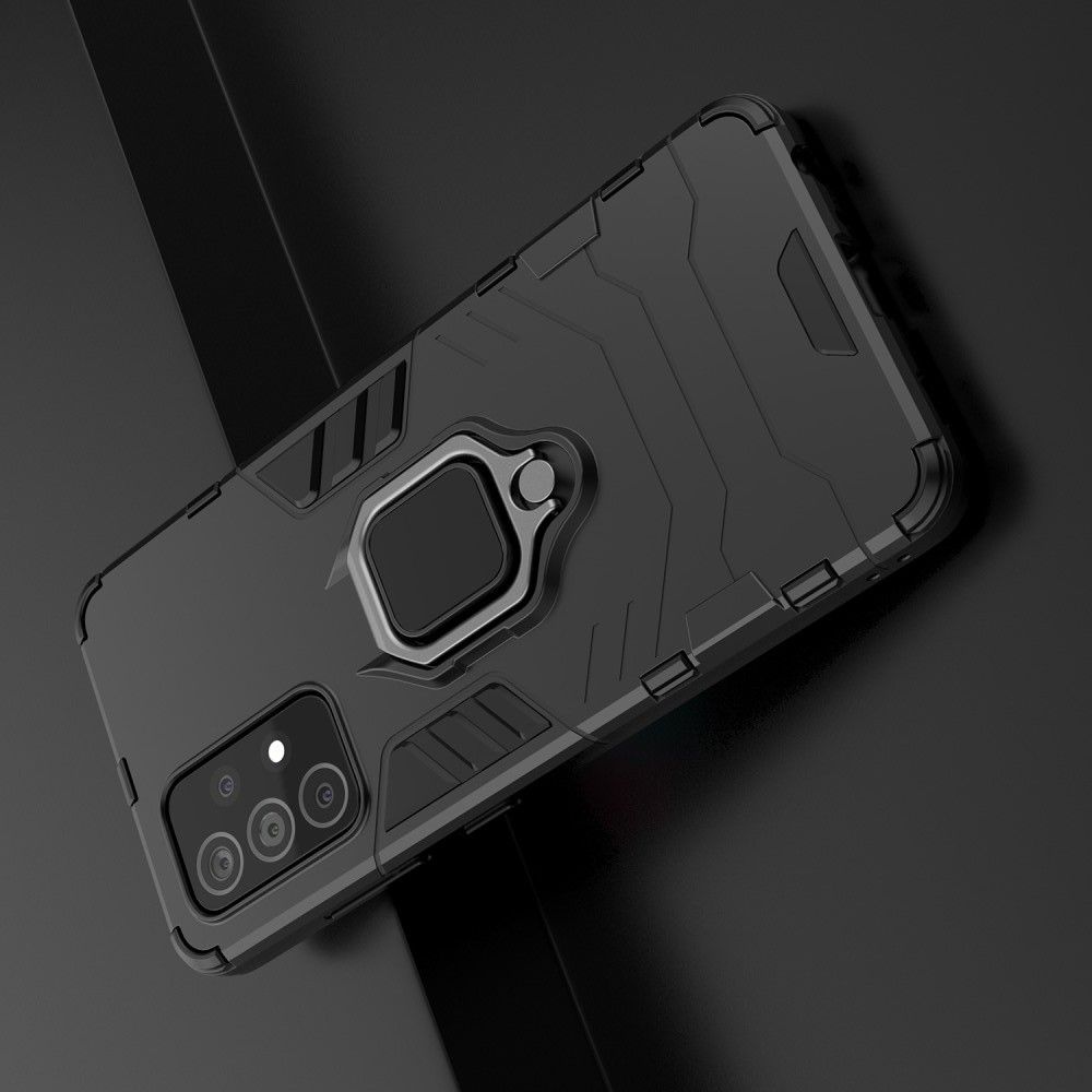 Двухслойный гибридный противоударный чехол с кольцом для пальца подставкой для Samsung Galaxy A52 Черный