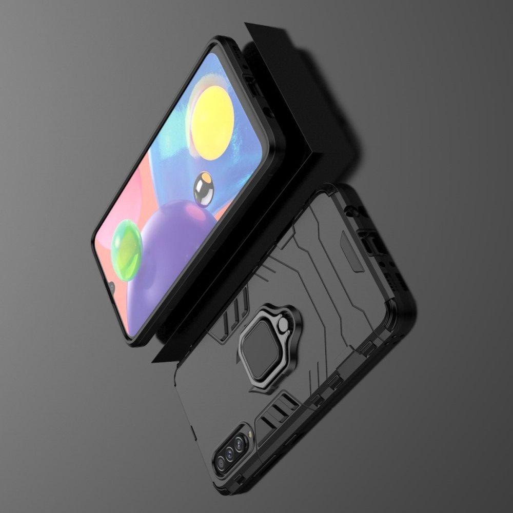 Двухслойный гибридный противоударный чехол с кольцом для пальца подставкой для Samsung Galaxy A70s Черный