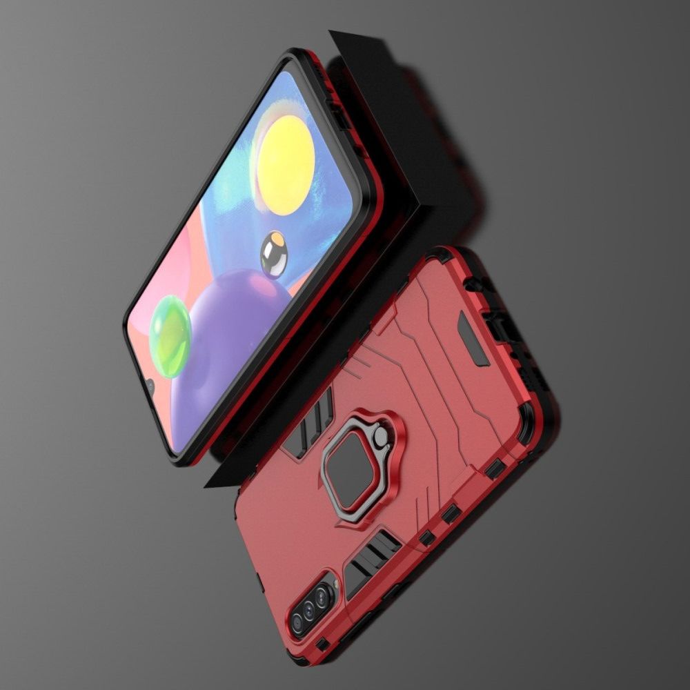 Двухслойный гибридный противоударный чехол с кольцом для пальца подставкой для Samsung Galaxy A70s Красный