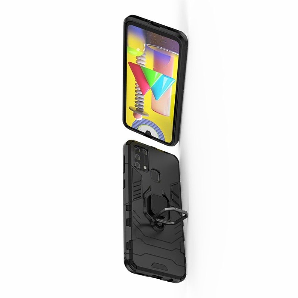 Двухслойный гибридный противоударный чехол с кольцом для пальца подставкой для Samsung Galaxy M31 Черный