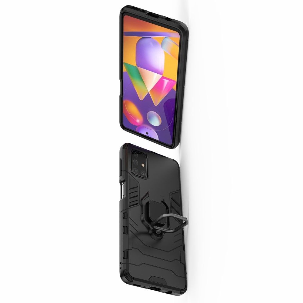 Двухслойный гибридный противоударный чехол с кольцом для пальца подставкой для Samsung Galaxy M31s Черный