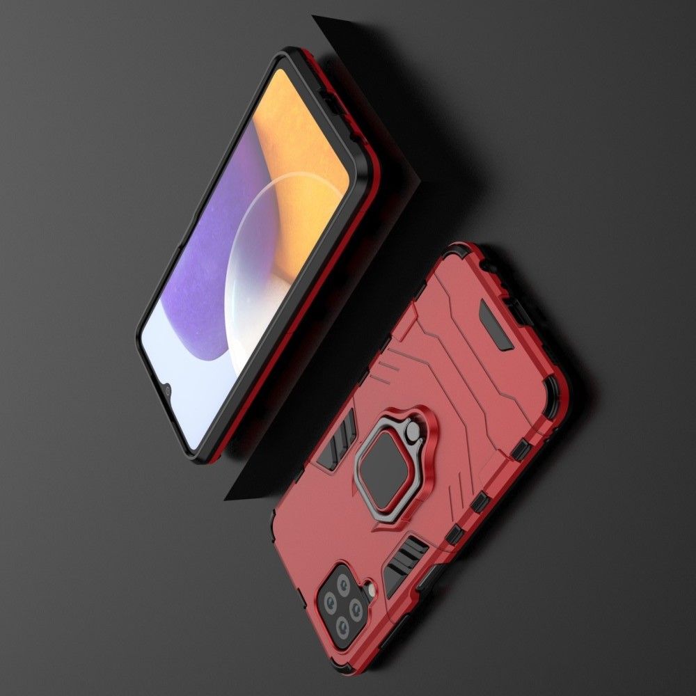 Двухслойный гибридный противоударный чехол с кольцом для пальца подставкой для Samsung Galaxy M32 Красный