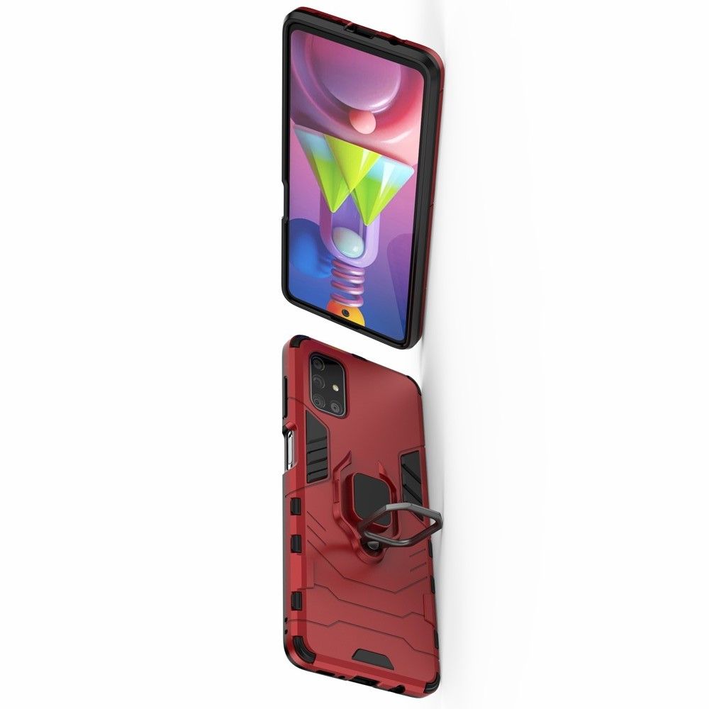 Двухслойный гибридный противоударный чехол с кольцом для пальца подставкой для Samsung Galaxy M51 Красный