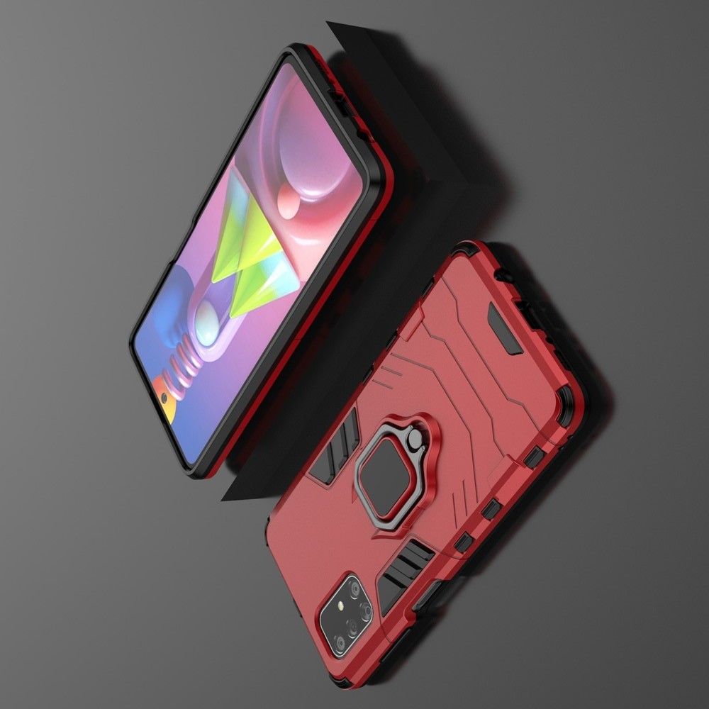 Двухслойный гибридный противоударный чехол с кольцом для пальца подставкой для Samsung Galaxy M51 Красный