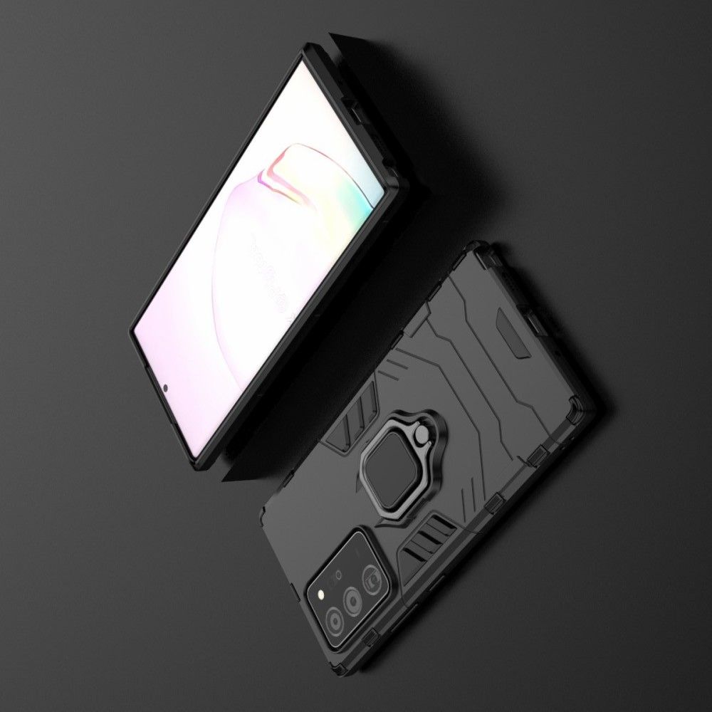 Двухслойный гибридный противоударный чехол с кольцом для пальца подставкой для Samsung Galaxy Note 20 Ultra Черный