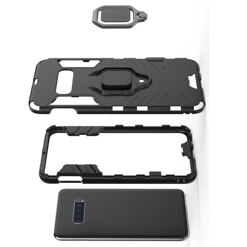 Двухслойный гибридный противоударный чехол с кольцом для пальца подставкой для Samsung Galaxy S10e Черный