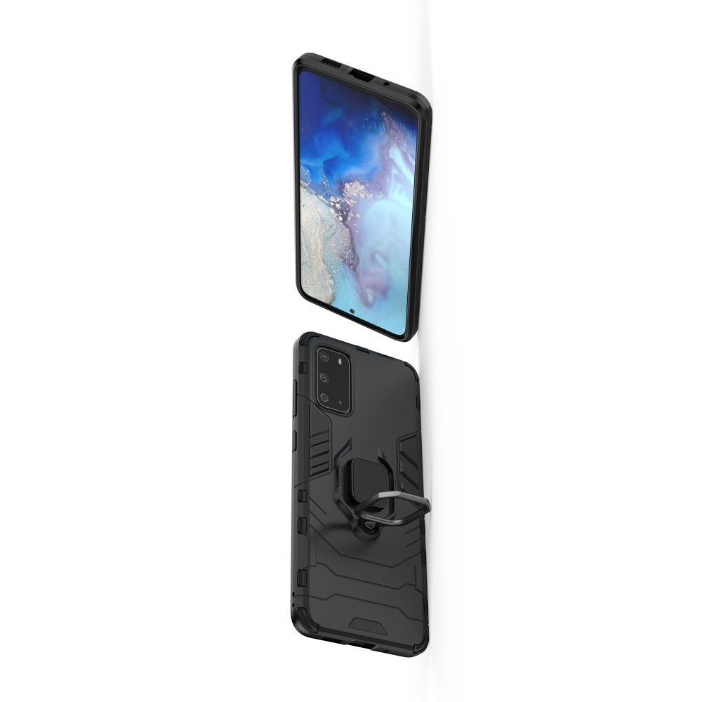 Двухслойный гибридный противоударный чехол с кольцом для пальца подставкой для Samsung Galaxy S20 Черный