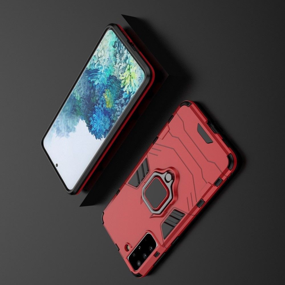 Двухслойный гибридный противоударный чехол с кольцом для пальца подставкой для Samsung Galaxy S21 Plus / S21+ Красный