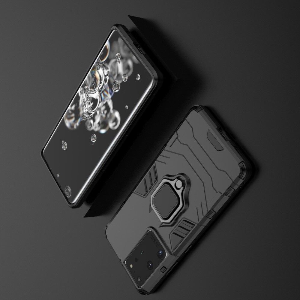 Двухслойный гибридный противоударный чехол с кольцом для пальца подставкой для Samsung Galaxy S21 Ultra Черный
