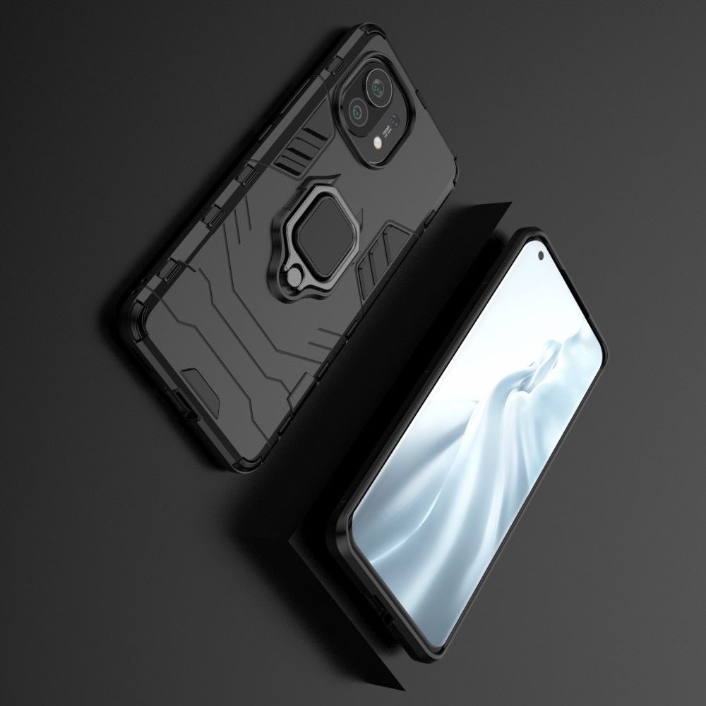 Двухслойный гибридный противоударный чехол с кольцом для пальца подставкой для Xiaomi Mi 11 Черный