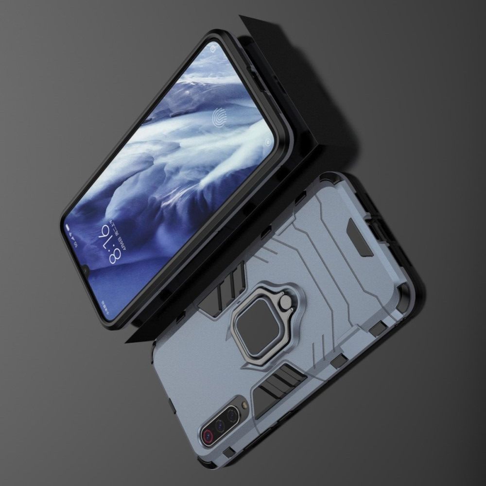 Двухслойный гибридный противоударный чехол с кольцом для пальца подставкой для Xiaomi Mi 9 Pro Синий