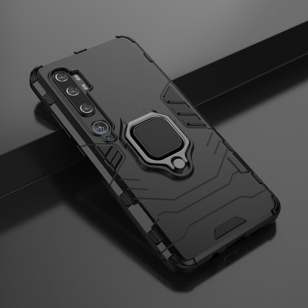 Двухслойный гибридный противоударный чехол с кольцом для пальца подставкой для Xiaomi Mi Note 10 Черный