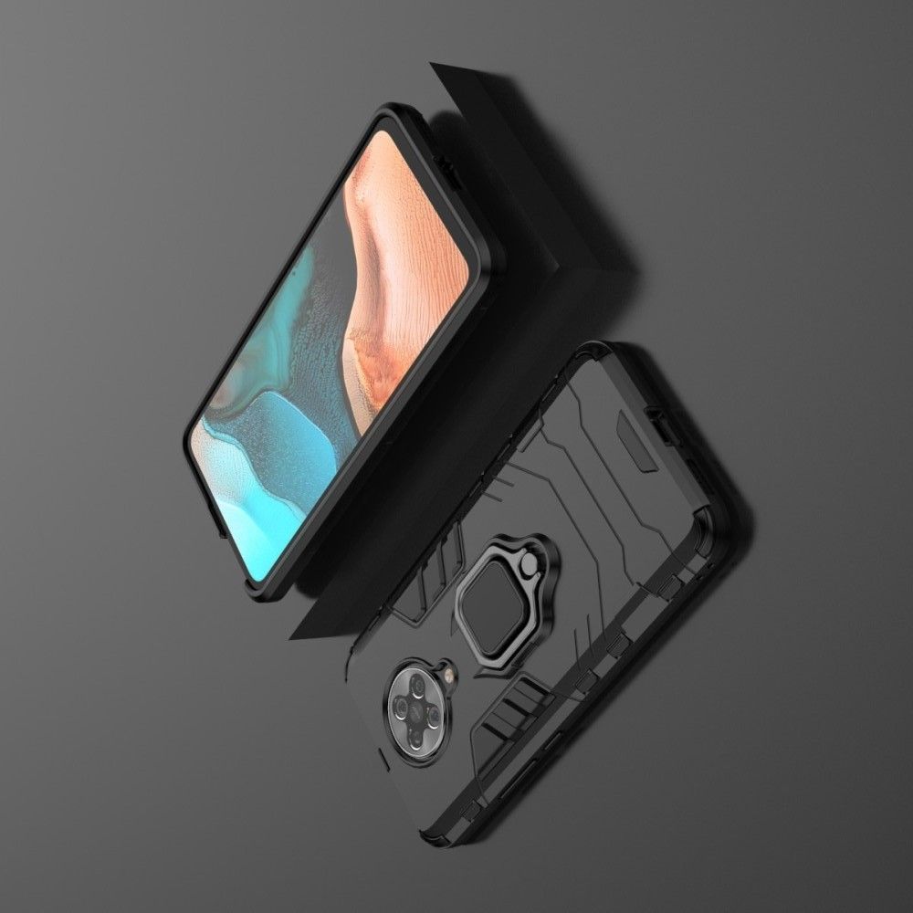 Двухслойный гибридный противоударный чехол с кольцом для пальца подставкой для Xiaomi Poco F2 Pro Черный